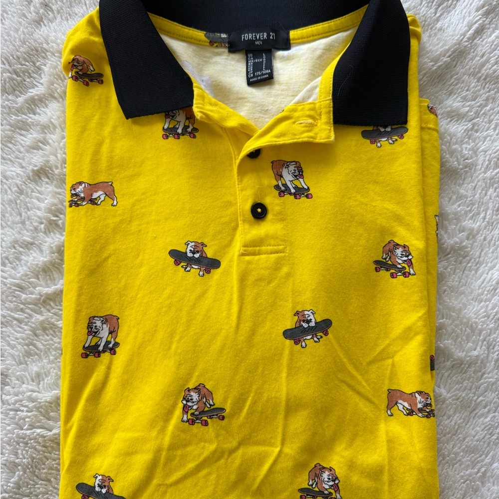 Forever 21 Yellow Polo with Bulldog and Skateboard Design